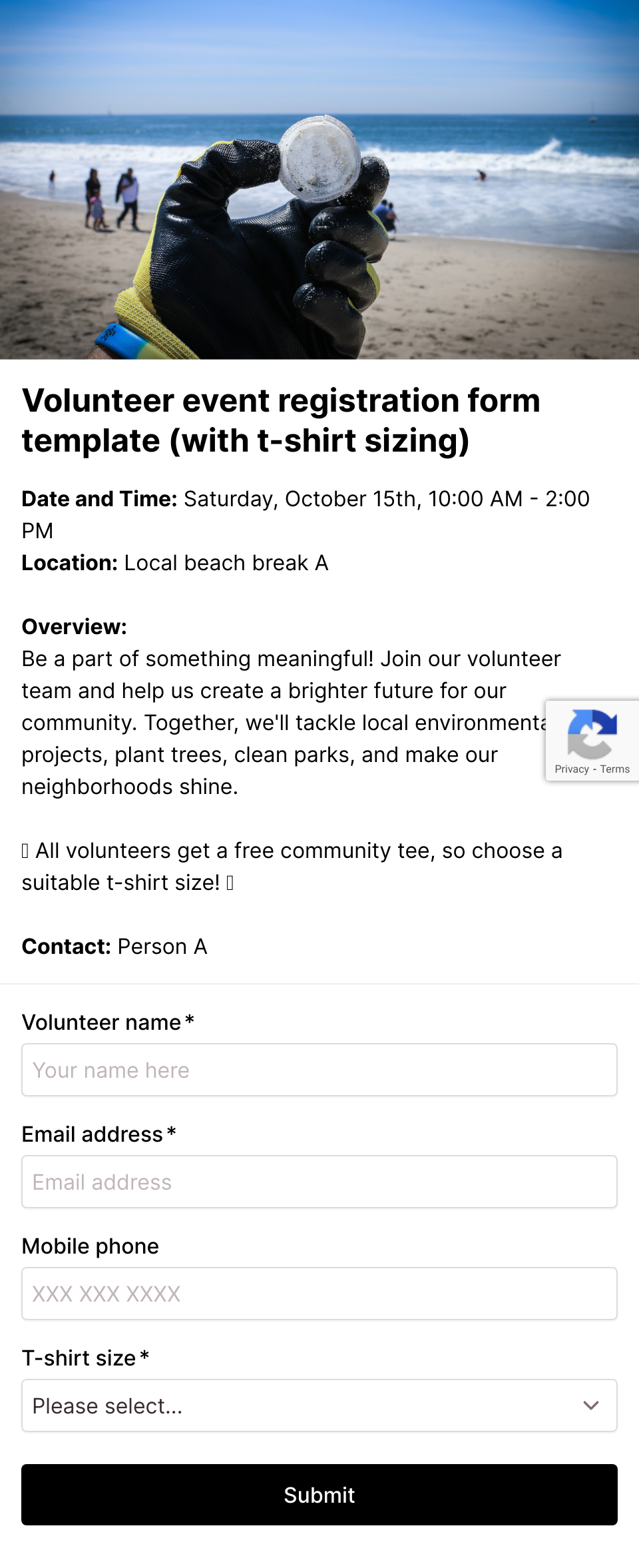 Volunteer event registration form template
