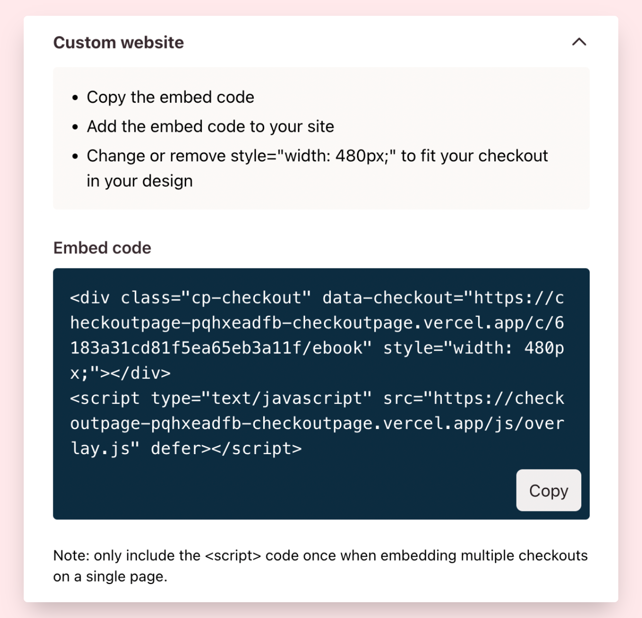 Checkout embed code