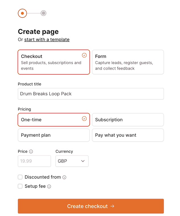 Simple form allowing you to create a page or start with a template