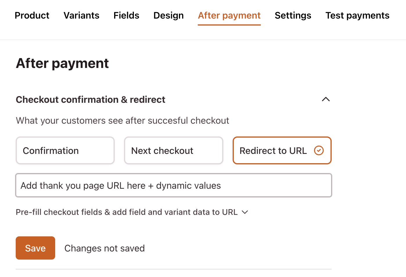 Redirect your checkout after payment settings for a one page checkout